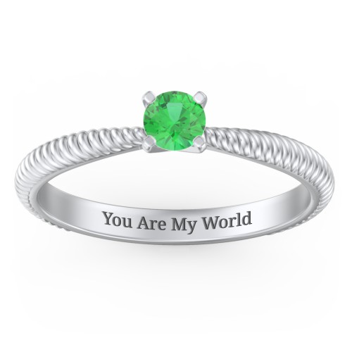 1/4 ct. Round Gemstone Engagement Ring with Twisted Rope Band – Sterling Silver with Emerald