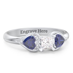 1/4 ct. Princess Gemstone Engagement Ring with Heart Stones in 925 Sterling Silver with White Premium Zirconia and Blue Sapphire