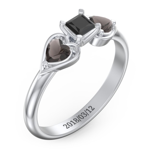 1/4 ct. Princess Gemstone Engagement Ring with Heart Stones – Sterling Silver with Black Premium Zirconia and Smokey Quartz