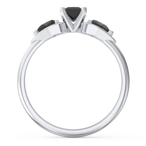 1/4 ct. Princess Gemstone Engagement Ring with Heart Stones – Sterling Silver with Black Premium Zirconia and Smokey Quartz