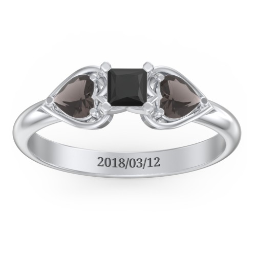 1/4 ct. Princess Gemstone Engagement Ring with Heart Stones – Sterling Silver with Black Premium Zirconia and Smokey Quartz