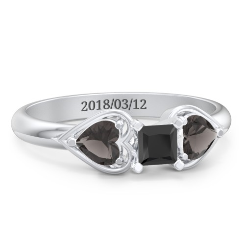 1/4 ct. Princess Gemstone Engagement Ring with Heart Stones – Sterling Silver with Black Premium Zirconia and Smokey Quartz