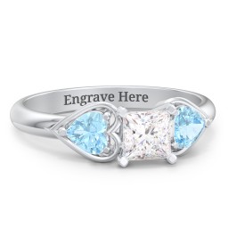 1/2 ct. Princess Gemstone Engagement Ring with Heart Stones in 925 Sterling Silver with White Premium Zirconia and Blue Topaz