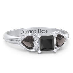 1/2 ct. Princess Gemstone Engagement Ring with Heart Stones in 925 Sterling Silver with Black Premium Zirconia and Smokey Quartz