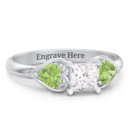 1/2 ct. Princess Gemstone Engagement Ring with Heart Stones in 925 Sterling Silver with White Premium Zirconia and Peridot