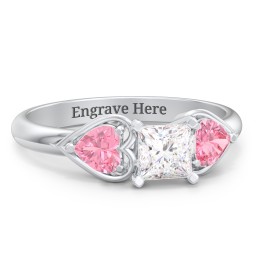 1/2 ct. Princess Gemstone Engagement Ring with Heart Stones in 925 Sterling Silver with White Premium Zirconia and Pink Tourmaline