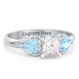 1/2 ct. Princess Gemstone Peek-A-Boo Engagement Ring with Heart Stones in 925 Sterling Silver with White Premium Zirconia and Blue Topaz