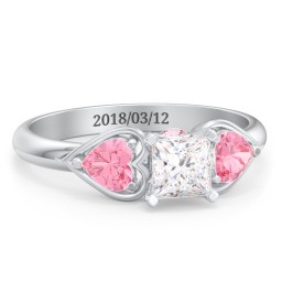 1/2 ct. Princess Gemstone Peek-A-Boo Engagement Ring with Heart Stones in 925 Sterling Silver with White Premium Zirconia and Pink Tourmaline