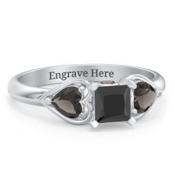 1/2 ct. Princess Gemstone Peek-A-Boo Engagement Ring with Heart Stones in 925 Sterling Silver with Black Premium Zirconia and Smokey Quartz