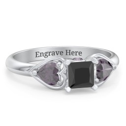 1/2 ct. Princess Gemstone Peek-A-Boo Engagement Ring with Heart Stones in 925 Sterling Silver with Black Premium Zirconia and Alexandrite