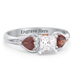 1/2 ct. Princess Gemstone Peek-A-Boo Engagement Ring with Heart Stones in 925 Sterling Silver with White Premium Zirconia and Garnet