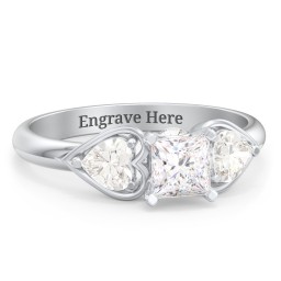 1/2 ct. Princess Gemstone Peek-A-Boo Engagement Ring with Heart Stones in 925 Sterling Silver with White Premium Zirconia and Cubic Zirconia