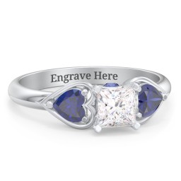 1/2 ct. Princess Gemstone Peek-A-Boo Engagement Ring with Heart Stones in 925 Sterling Silver with White Premium Zirconia and Blue Sapphire