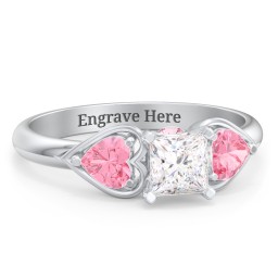 1/2 ct. Princess Gemstone Peek-A-Boo Engagement Ring with Heart Stones in 925 Sterling Silver with White Premium Zirconia and Pink Tourmaline