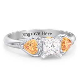 1/2 ct. Princess Gemstone Peek-A-Boo Engagement Ring with Heart Stones in 925 Sterling Silver with White Premium Zirconia and Citrine
