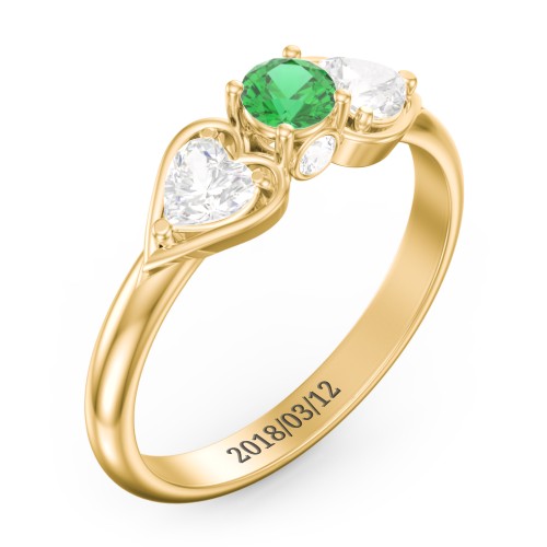 1/4 ct. Round Gemstone Peek-A-Boo Engagement Ring with Heart Stones – 10K Yellow Gold with Emerald and Cubic Zirconia