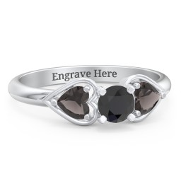 1/3 ct. Round Gemstone Engagement Ring with Heart Stones in 925 Sterling Silver with Black Premium Zirconia and Smokey Quartz