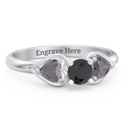 1/3 ct. Round Gemstone Engagement Ring with Heart Stones in 925 Sterling Silver with Black Premium Zirconia and Alexandrite