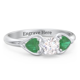 1/3 ct. Round Gemstone Engagement Ring with Heart Stones in 925 Sterling Silver with White Premium Zirconia and Emerald