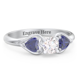 1/3 ct. Round Gemstone Engagement Ring with Heart Stones in 925 Sterling Silver with White Premium Zirconia and Blue Sapphire