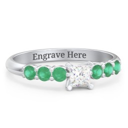1/4 ct. Princess Gemstone Engagement Ring with Side Gemstones in 925 Sterling Silver with White Premium Zirconia and Emerald