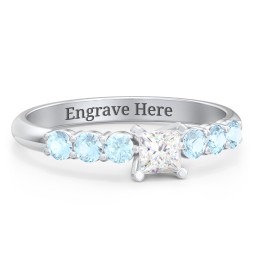 1/4 ct. Princess Gemstone Engagement Ring with Side Gemstones in 925 Sterling Silver with White Premium Zirconia and Blue Topaz