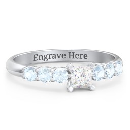 1/4 ct. Princess Gemstone Engagement Ring with Side Gemstones in 925 Sterling Silver with White Premium Zirconia and Aquamarine