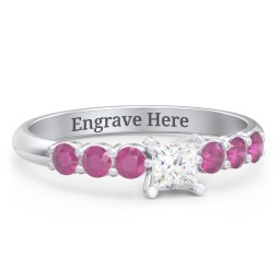 1/4 ct. Princess Gemstone Engagement Ring with Side Gemstones in 925 Sterling Silver with White Premium Zirconia and Ruby