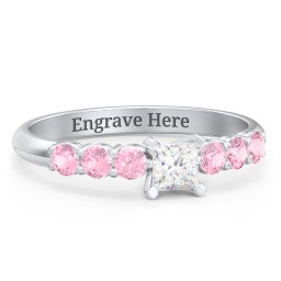 1/4 ct. Princess Gemstone Engagement Ring with Side Gemstones in 925 Sterling Silver with White Premium Zirconia and Pink Tourmaline