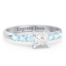 1/2 ct. Princess Gemstone Engagement Ring with Side Gemstones in 925 Sterling Silver with White Premium Zirconia and Blue Topaz