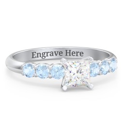 1/2 ct. Princess Gemstone Engagement Ring with Side Gemstones in 925 Sterling Silver with White Premium Zirconia and Blue Topaz