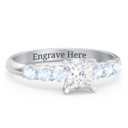 1/2 ct. Princess Gemstone Peek-A-Boo Engagement Ring with Side Gemstones in 925 Sterling Silver with White Premium Zirconia and Aquamarine