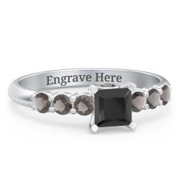 1/2 ct. Princess Gemstone Peek-A-Boo Engagement Ring with Side Gemstones in 925 Sterling Silver with Black Premium Zirconia and Smokey Quartz