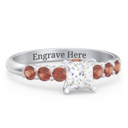 1/2 ct. Princess Gemstone Peek-A-Boo Engagement Ring with Side Gemstones in 925 Sterling Silver with White Premium Zirconia and Garnet