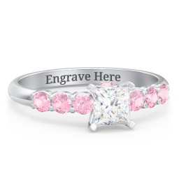 1/2 ct. Princess Gemstone Peek-A-Boo Engagement Ring with Side Gemstones in 925 Sterling Silver with White Premium Zirconia and Pink Tourmaline
