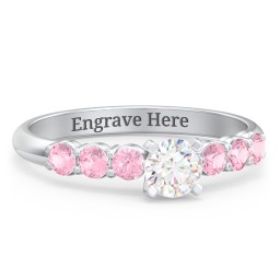 1/3 ct. Round Gemstone Engagement Ring with Side Gemstones in 925 Sterling Silver with White Premium Zirconia and Pink Tourmaline
