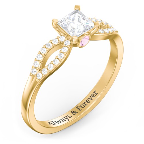 1/2 ct. Princess Gemstone Split Peek-A-Boo Engagement Ring with Accents – 10K Yellow Gold with White Premium Zirconia and Pink Tourmaline