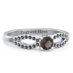 1/4 ct. Round Gemstone Split Peek-A-Boo Engagement Ring with Accents in 925 Sterling Silver with Smokey Quartz and Black Premium Zirconia