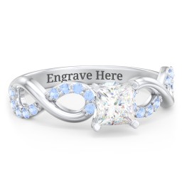 1/2 ct. Princess Gemstone Infinity Peek-A-Boo Engagement Ring with Accent Stones in 925 Sterling Silver with White Premium Zirconia, Fancy Blue Premium Zirconia, and Aquamarine