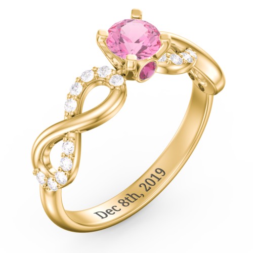 1/2 ct. Round Gemstone Infinity Peek-A-Boo Engagement Ring with Accent Stones – 10K Yellow Gold with Pink Tourmaline, White Premium Zirconia, and Ruby
