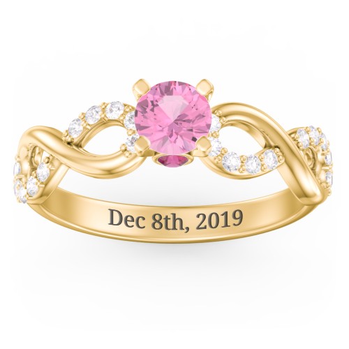 1/2 ct. Round Gemstone Infinity Peek-A-Boo Engagement Ring with Accent Stones – 10K Yellow Gold with Pink Tourmaline, White Premium Zirconia, and Ruby