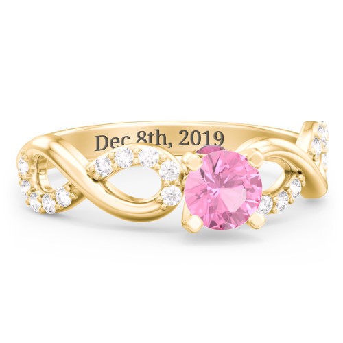 1/2 ct. Round Gemstone Infinity Peek-A-Boo Engagement Ring with Accent Stones – 10K Yellow Gold with Pink Tourmaline, White Premium Zirconia, and Ruby