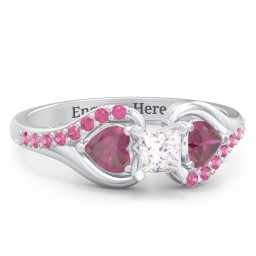 1/4 ct. Princess Gemstone Engagement Ring with Heart Stones & Accents Stones in 925 Sterling Silver with White Premium Zirconia, Ruby, and Red Premium Zirconia