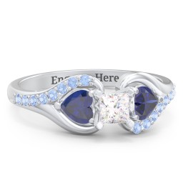 1/4 ct. Princess Gemstone Engagement Ring with Heart Stones & Accents Stones in 925 Sterling Silver with White Premium Zirconia, Blue Sapphire, and Fancy Blue Premium Zirconia