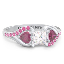 1/2 ct. Princess Gemstone Engagement Ring with Heart Stones & Accents Stones in 925 Sterling Silver with White Premium Zirconia, Ruby, and Red Premium Zirconia