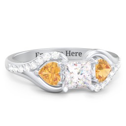 1/2 ct. Princess Gemstone Engagement Ring with Heart Stones & Accents Stones in 925 Sterling Silver with White Premium Zirconia and Citrine