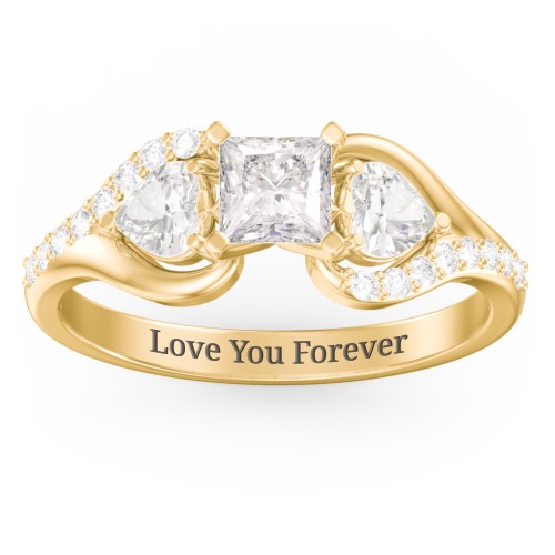 1/2 ct. Princess Gemstone Engagement Ring with Heart Stones & Accents Stones – 10K Yellow Gold with White Premium Zirconia and Cubic Zirconia