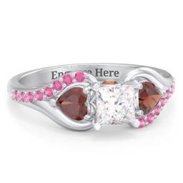 1/2 ct. Princess Gemstone Peek-A-Boo Engagement Ring with Heart Stones & Accents Stones in 925 Sterling Silver with White Premium Zirconia, Garnet, and Red Premium Zirconia