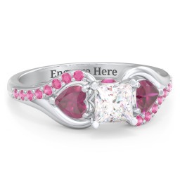 1/2 ct. Princess Gemstone Peek-A-Boo Engagement Ring with Heart Stones & Accents Stones in 925 Sterling Silver with White Premium Zirconia, Ruby, and Red Premium Zirconia