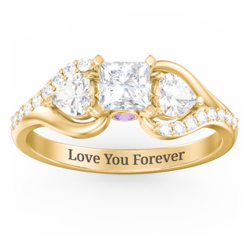 1/2 ct. Princess Gemstone Peek-A-Boo Engagement Ring with Heart Stones & Accents Stones – 10K Yellow Gold with White Premium Zirconia, Cubic Zirconia, and Amethyst